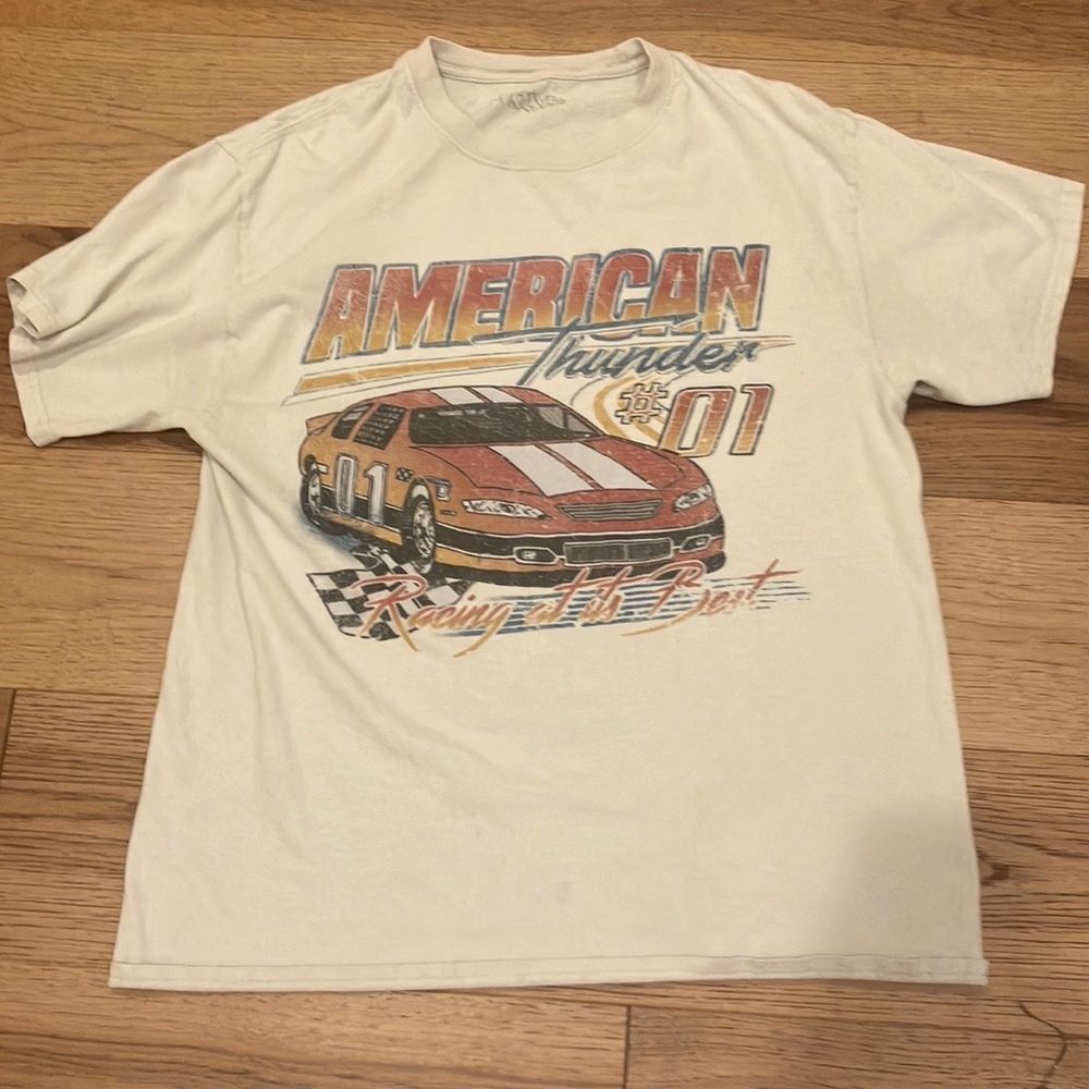 PacSun Cream Graphic Tee with Orange and Red Racing Car Print